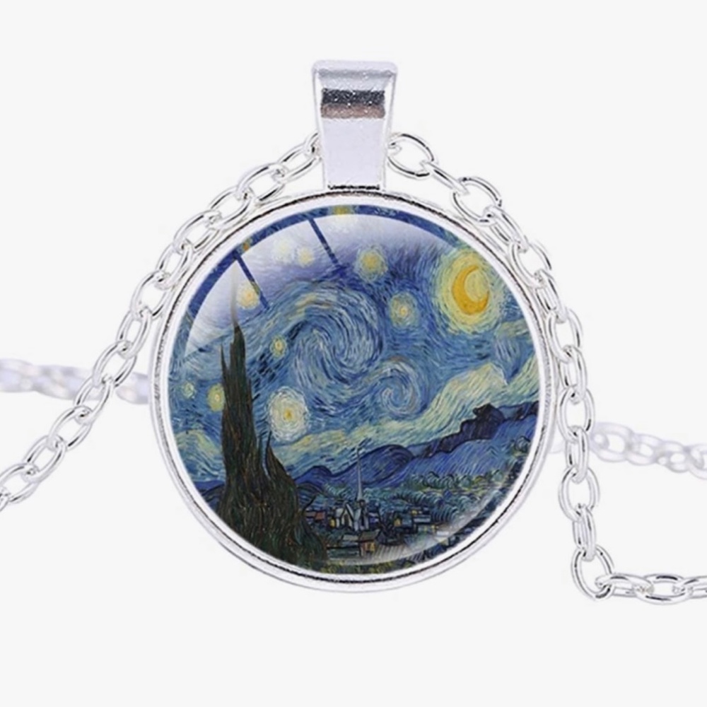 Retro Starry Night Half Moon Noctilucent Pendant Necklace Van Gogh Art Handmade